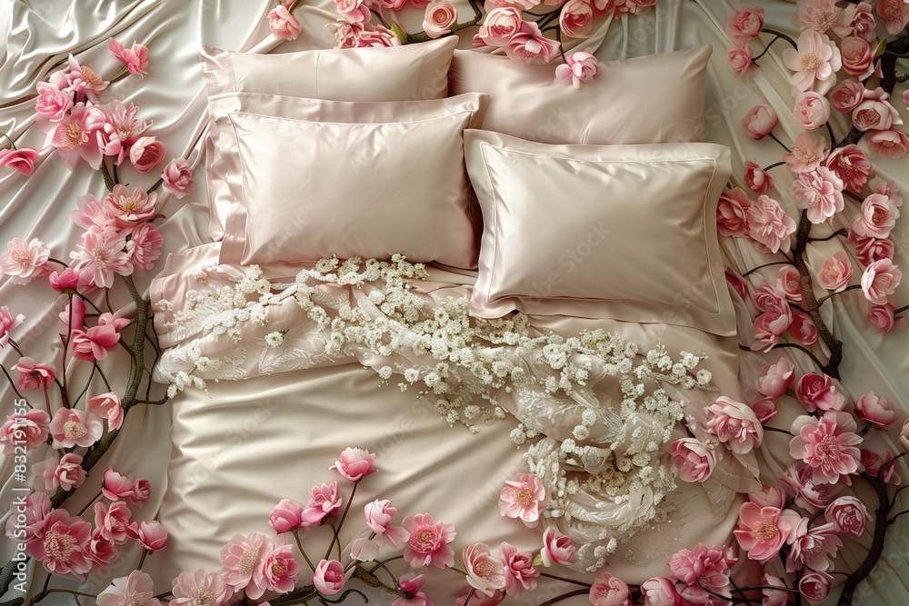 Cozy luxury bedding linen set with pink and white peonies surround