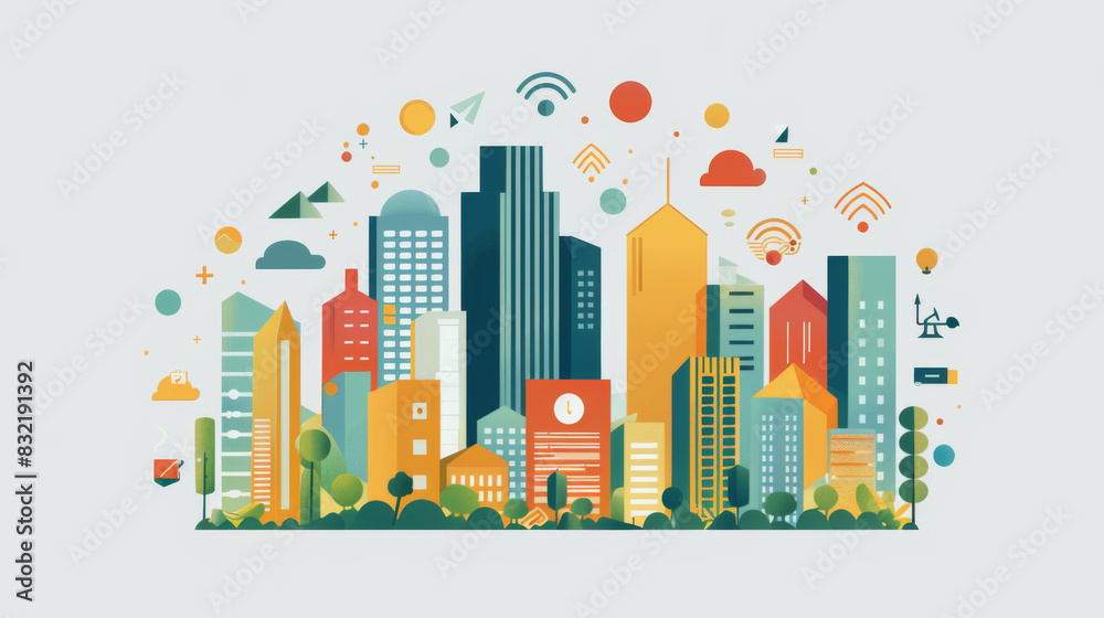 Vibrant flat design illustration of a cityscape, featuring various buildings and communication symbols in a modern, abstract style. Vibrant flat design illustration of a cityscape, featuring various buildings and communication symbols in a modern, abstract style.