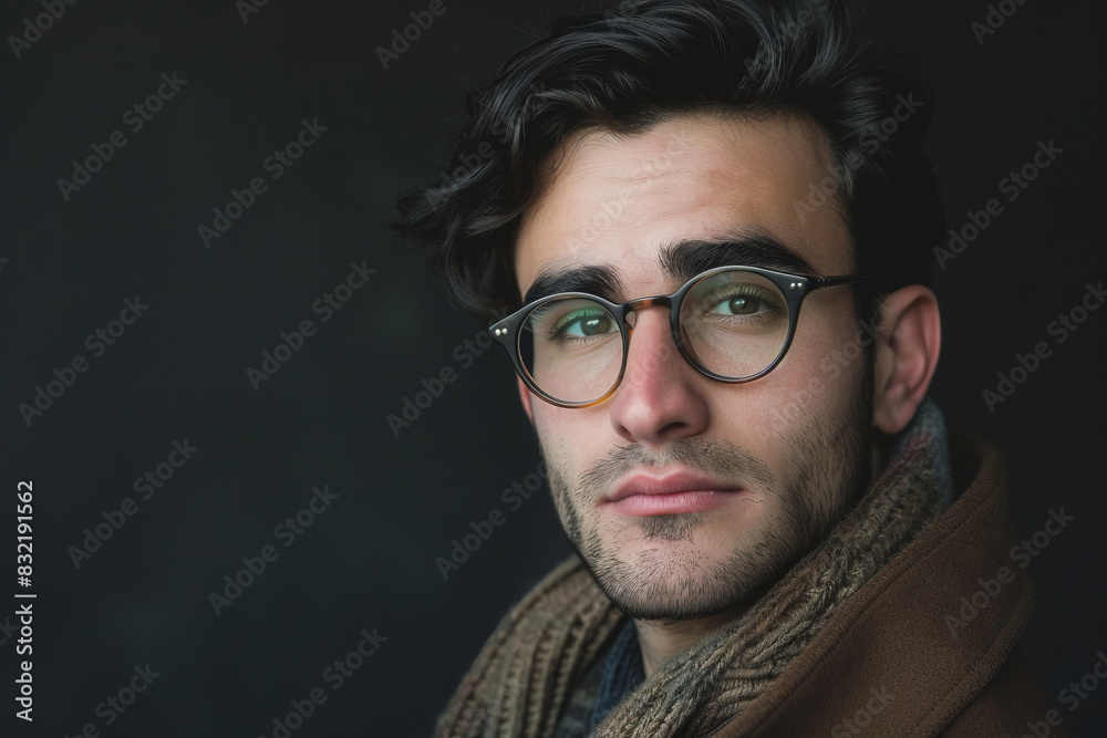 Portrait of a handsome young man with spectacles and thoughtful expression Portrait of a handsome young man with spectacles and thoughtful expression