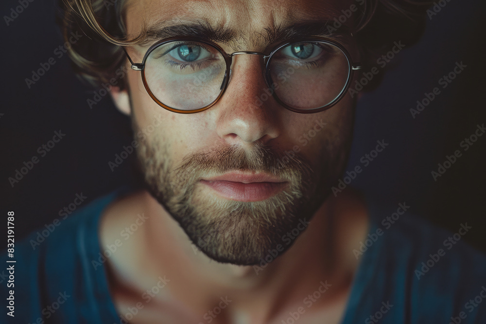Handsome man with beard and spectacles looking serious in portrait Handsome man with beard and spectacles looking serious in portrait