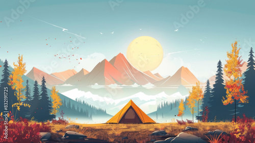 A beautiful sunrise over a mountain range with a single tent set up in the foreground  surrounded by autumn trees.