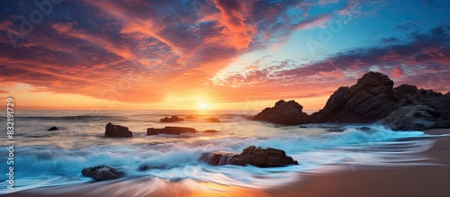 Sunrise at the beach. Creative banner. Copyspace image