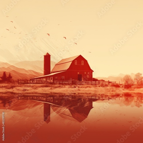 Serene countryside scene with a red barn reflecting in a calm lake under a warm, golden sky, capturing the tranquility of rural life. photo
