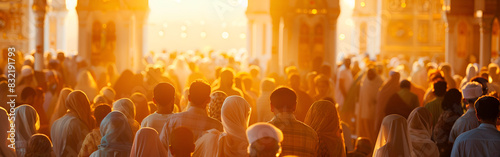 Back view of a muslims in prayer at sunset with a mosque congregation in soft golden light
 photo