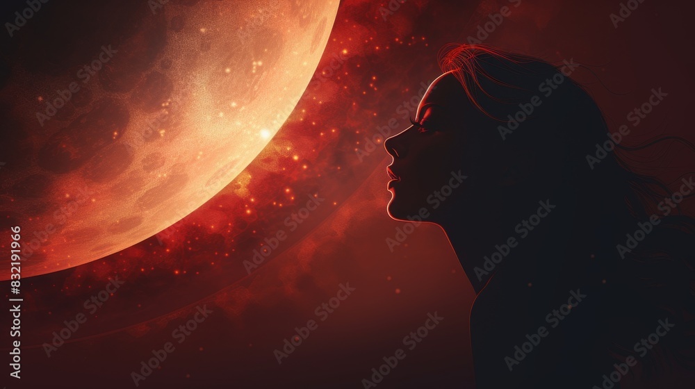 Silhouette of a woman against a large moon and starry sky, creating a dreamy and mystical atmosphere with red tones. Silhouette of a woman against a large moon and starry sky, creating a dreamy and mystical atmosphere with red tones.