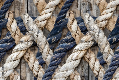 Nautical wood with the coarse, twisted patterns of ropes, accented with elements of summer maritime life, such as knots and anchors, in a palette of navy, white, and sandy tones, ai generated