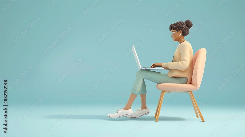 3D woman character typing on a laptop, with a plain sky blue background and a stylish, modern chair