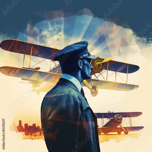 Vintage pilot standing in front of classic biplanes with a city silhouette in the background, radiating a nostalgic, adventurous mood.
