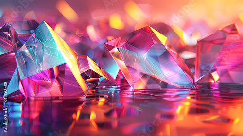 The background is a geometric crystal with iridescent texture and liquid. The render is made in 3D