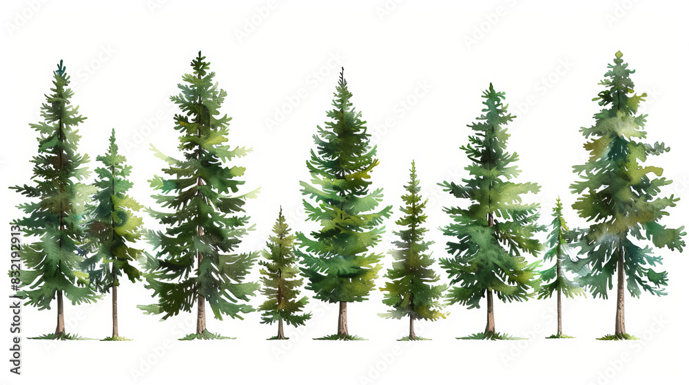 Watercolor illustration of tall pine trees in a forest