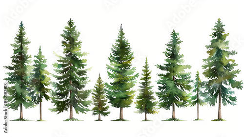 Watercolor illustration of tall pine trees in a forest © standret