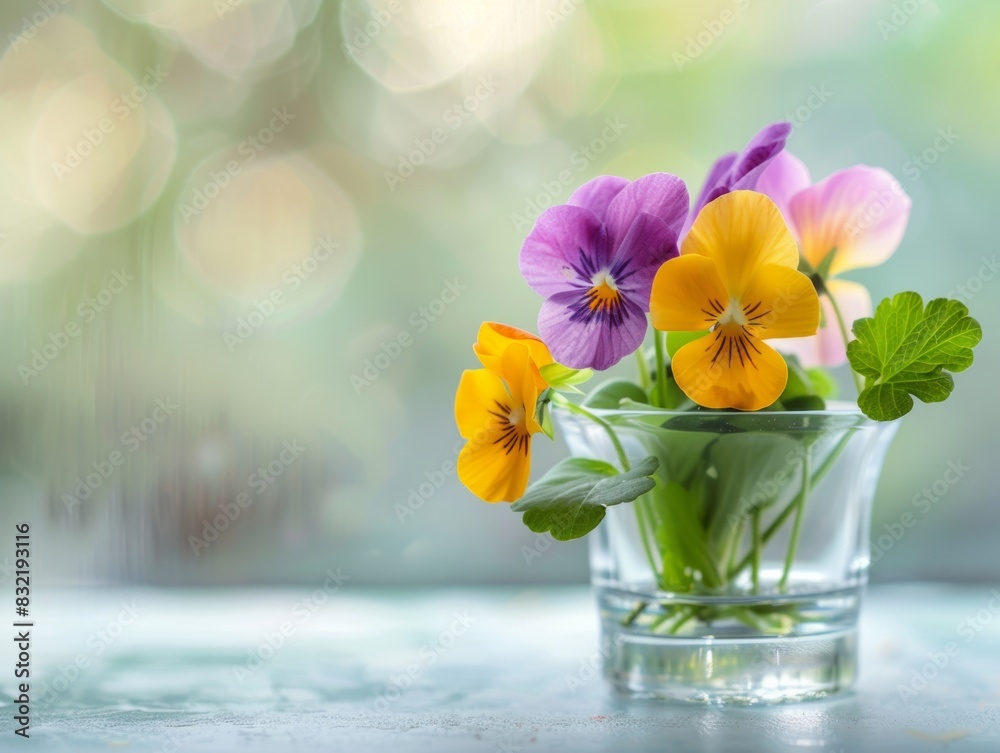 Close-up of Colorful Pansies in a Glass Vase on a Sunlit Background. Copy space