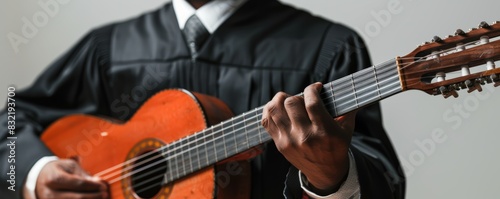 Lawyer holding guitar in courtroom  isolated white background  high detail  dynamic composition