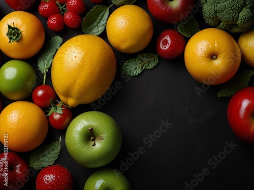 Background with fresh raw vegetables and fruits on black kitchen table, healthy vegetarian food concept.