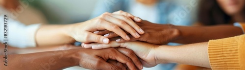 Corporate unity closeup Closeup of diverse hands stacked  symbolizing strength in diversity and teamwork  set in an office environment with soft focus background