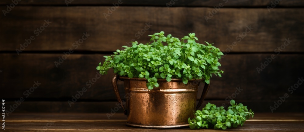 Fresh thyme in a old copper pot on wooden background. Creative banner. Copyspace image Fresh thyme in a old copper pot on wooden background. Creative banner. Copyspace image