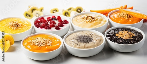 Collage of pudding with chia seed Pudding with chia seed oat flakes banana orange fruit and apricot. Creative banner. Copyspace image