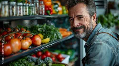 A smiling man wearing a denim jacket shops for fresh vegetables and herbs in a well-stocked refrigerator aisle