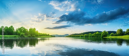 Beautiful nature sunet blue sky and the river make you relax. Creative banner. Copyspace image photo