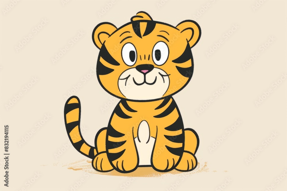 Fototapeta premium Adorable Cartoon Tiger Cub Sitting with Smile - Cute, Playful, Child-Friendly Illustration. Tiger Day