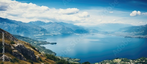 Looking at the lake from the top of mountain. Creative banner. Copyspace image