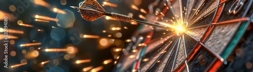 Dart in midflight hitting the bullseye with a backdrop of explosive light effects, illustrating accuracy and triumph photo