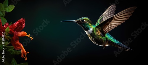 Hummingbird and Green Background. Creative banner. Copyspace image photo