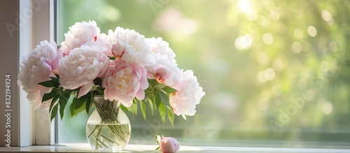Gorgeous white and pink pions in a glass vase on the table with some petal in sunset light in front of the open Parisian window after the rain. Creative banner. Copyspace image photo