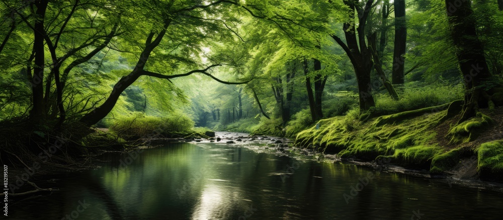 Small river in green forest at summer. Creative banner. Copyspace image