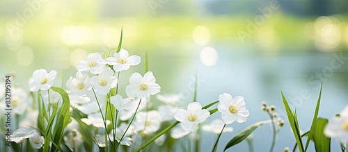 Pretty white flowers of Arrowhead Sagittaria trifolia in japanese summer. Creative banner. Copyspace image photo