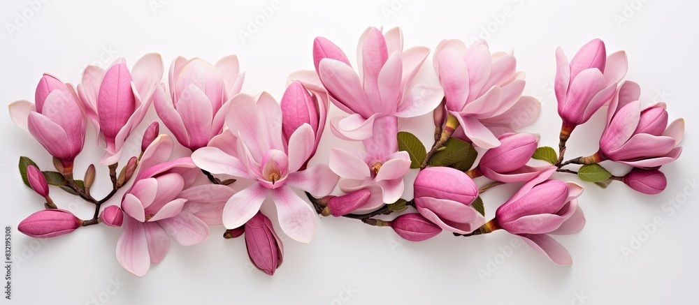 Fototapeta premium Ice cream cone with spring pink magnolia flowers composition on white background Minimal spring concept Flat lay top view. Creative banner. Copyspace image