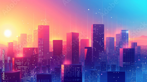 Digital illustration of a vibrant city skyline at sunset  featuring tall buildings and a colorful sky transitioning from day to night.