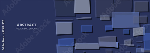 Blue wide banner with irregular geometric rectangle shapes. Abstract background with naive art. Evolved minimalism retro vector illustration