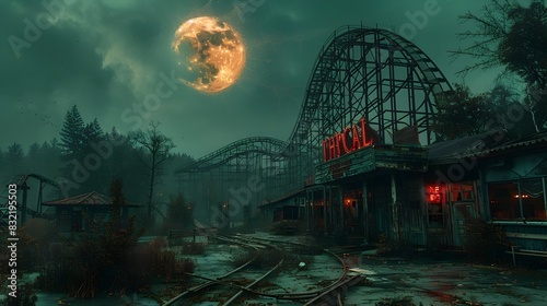 Haunted Moon Looms Over an Abandoned Gothic Amusement Park photo