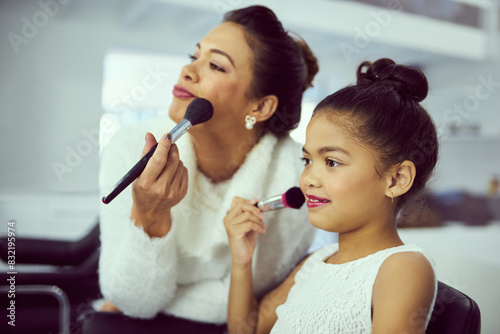 Φωτογραφία Backstage, beauty pageant or makeup with girl and stylist in studio, getting ready behind the scenes