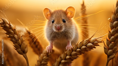 A brown mouse is sitting on a stalk of wheat.