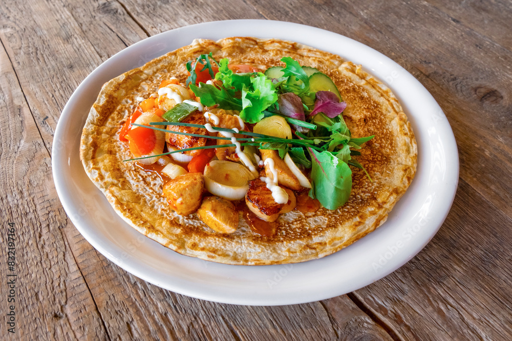 Big Pancake Dutch Holland Netherlands BBQ Greens Chicken Meat Pepper Tomato Big Pancake Dutch Holland Netherlands BBQ Greens Chicken Meat Pepper Tomato