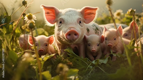 A sow and her piglets are lying in a grassy field. 