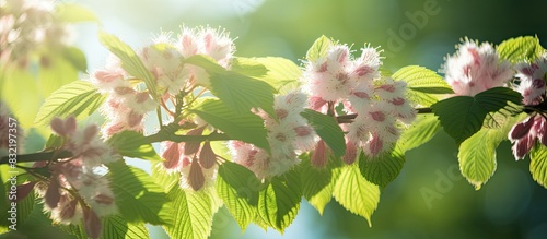 Blooming horse chestnut pink Flowers on a branch with green foliage in the rays of the spring sun. Creative banner. Copyspace image photo