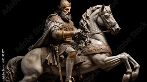  a 3D rendering of a statue of Alexander the Great astride his horse Bucephalus.