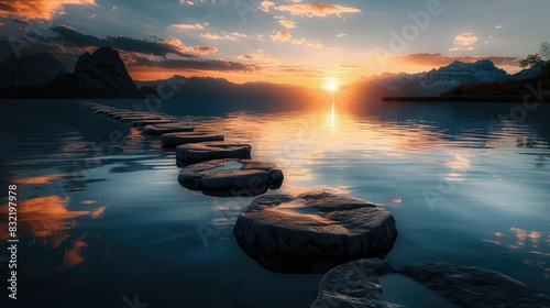 Stepping stones on calm lake water leading into a beautiful sunset over scenic mountains. Created with generative AI.   