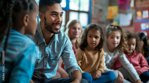 A diverse group of children sitting on the floor looking at an adult, possibly during a storytelling or reading session