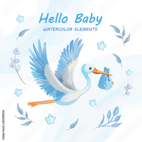 Stork deliver baby set hello baby in watercolor