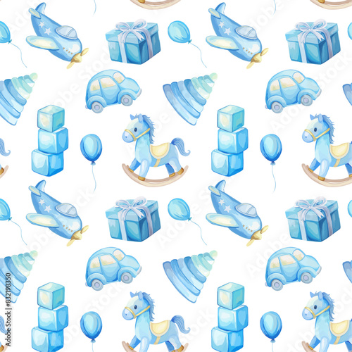 Blue cute toys pattern in watercolor