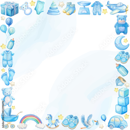 Beautiful blue square frame from toys in watercolor for greeting cards or newborn shower invitations