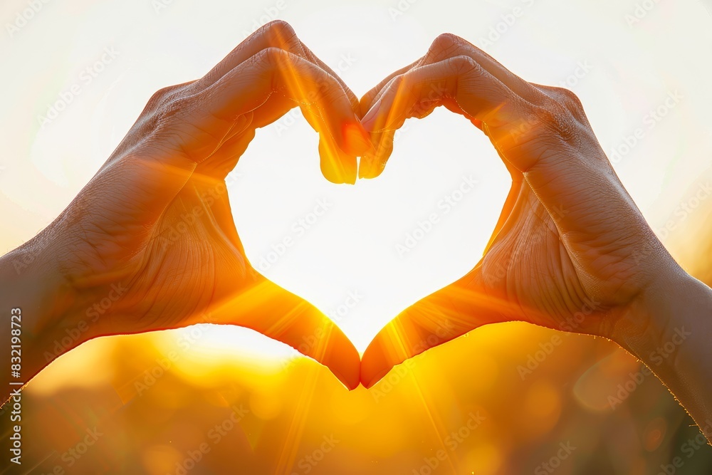 Obraz premium Hands forming a heart shape in front of the sun, isolated white background, high detail, symbol of love and peace