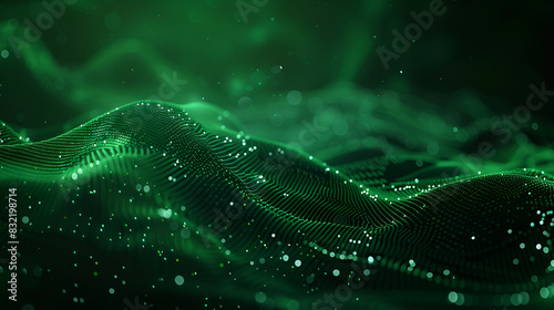Technology green wave with line ,Abstract digital data flow wave ,A low-poly shape with connecting green dots and lines on a dark background
