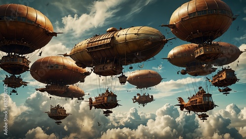 an illustration of a steampunk airship. It is a large, fantastical vehicle with a brown metal body and lots of gears,  photo