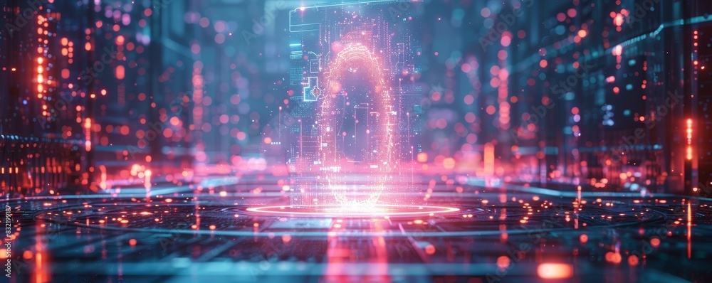 A futuristic hologram projecting a glowing portal above a sleek podium with vibrant neon lights. A futuristic hologram projecting a glowing portal above a sleek podium with vibrant neon lights.