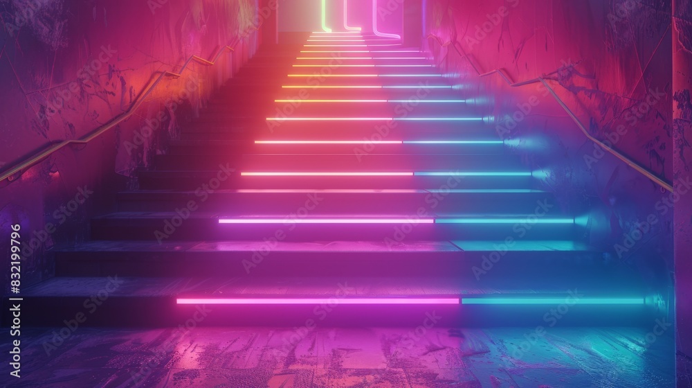 Neon-lit staircase with vibrant pink and blue lights in a dimly lit environment, creating a futuristic and moody atmosphere. Neon-lit staircase with vibrant pink and blue lights in a dimly lit environment, creating a futuristic and moody atmosphere.